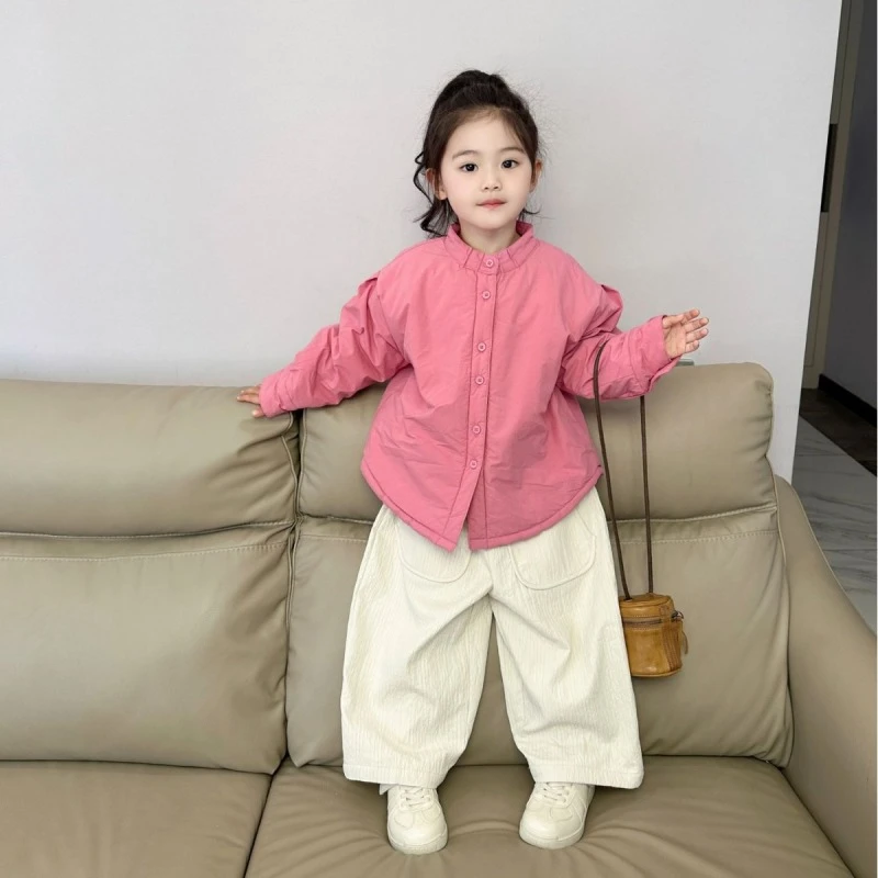 2024新款女童双层盘扣纯色棉衬衣粉色内搭棉衣