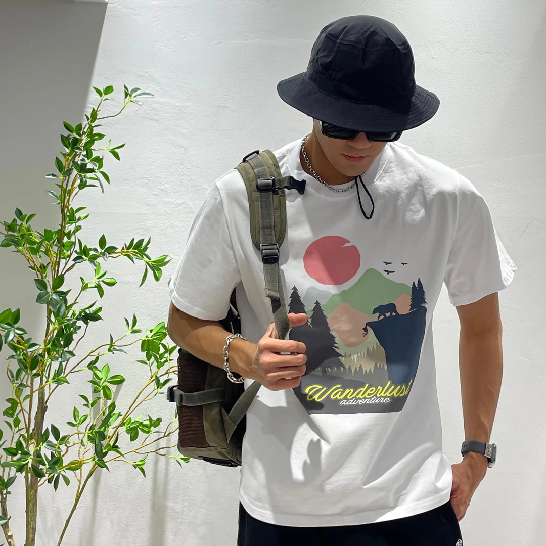 QIGLEL春季户外露营风新款短袖潮流宽松印花百搭情侣装纯棉