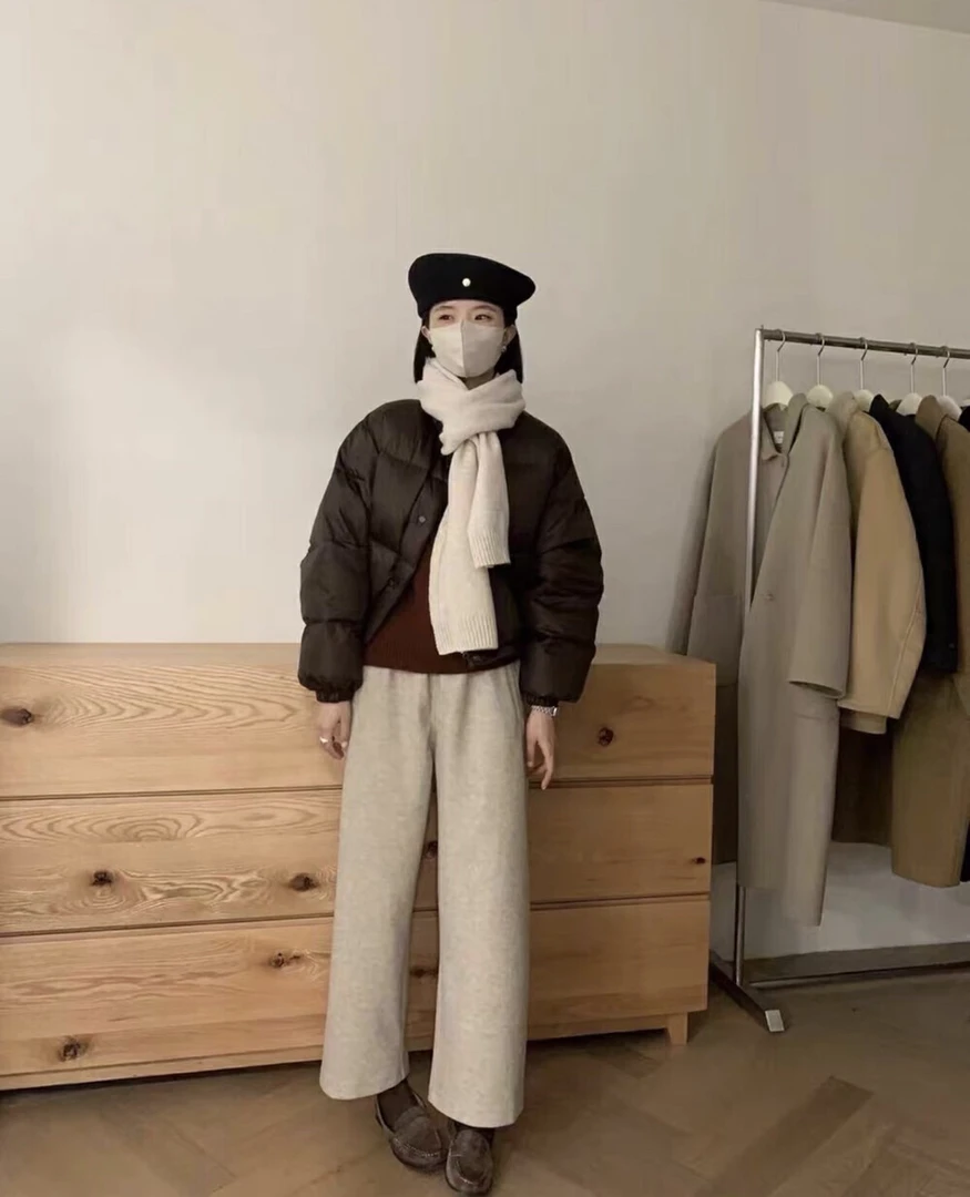 韩代同款松紧腰厚实无缝毛呢阔腿九分休闲裤2023秋冬软糯直筒裤