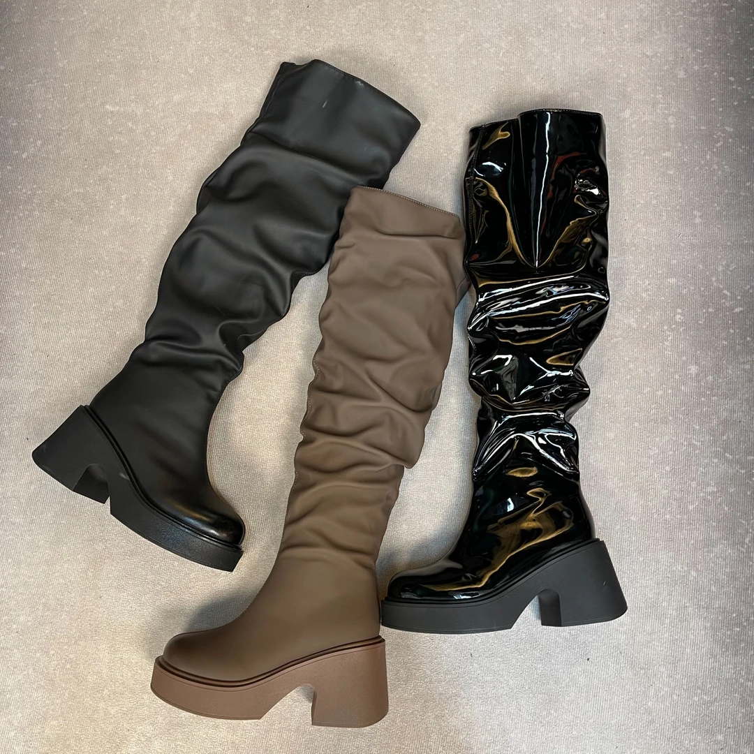 9869新款网红版是女靴时尚百搭厚底加绒秋冬圆头冬季长筒