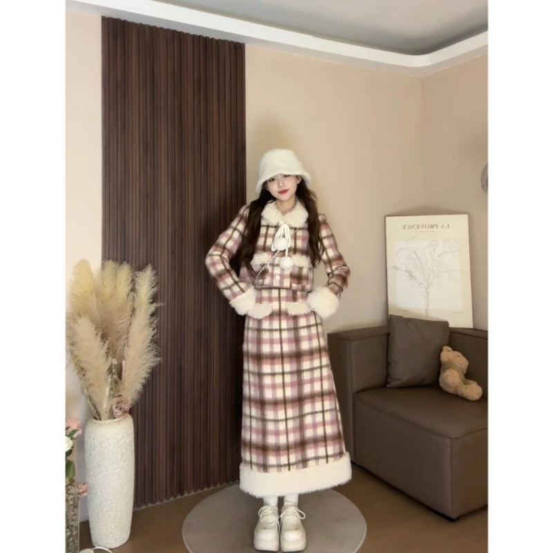 黑莓与月桂 秋冬甜美风少女格子拼接半身裙R5536-3Y