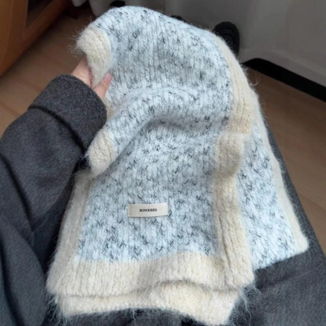 含羊毛围巾女冬季高级感百搭时尚蓝色保暖毛线围脖护颈韩版学生潮