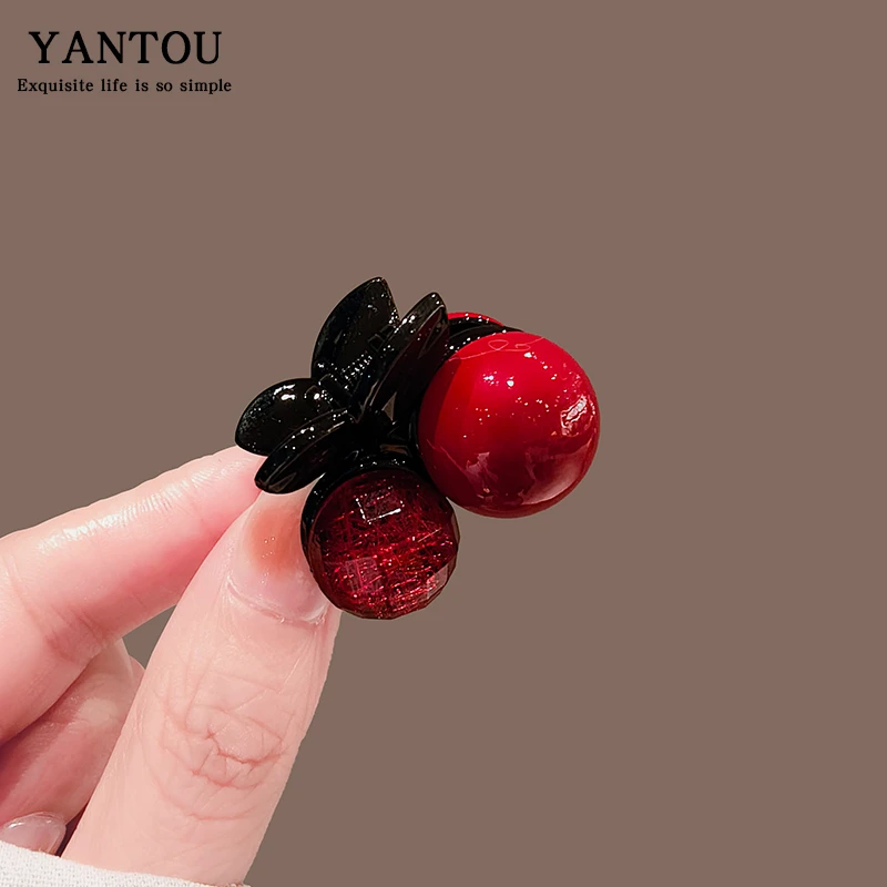 安可拉红色樱桃抓夹女气质镶钻可爱后脑勺半抓发夹马尾固定夹头饰