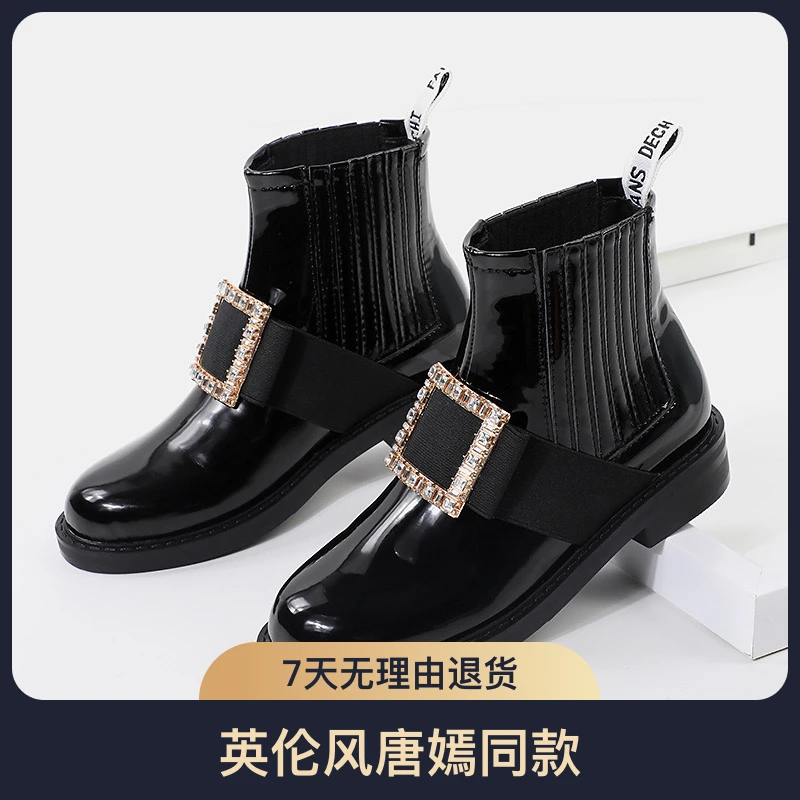 方钻漆皮短靴子女款时尚百搭潮流女士英伦风同款秋冬靴子黑色加绒