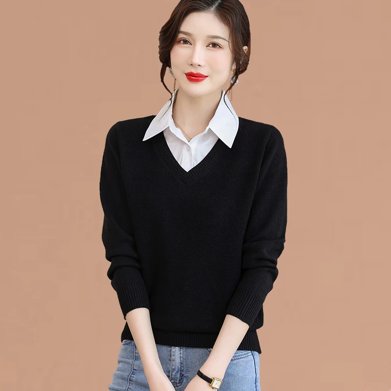衬衫领毛衣女春秋2023新款短款大码女装羊毛衫针织打底假两件上衣