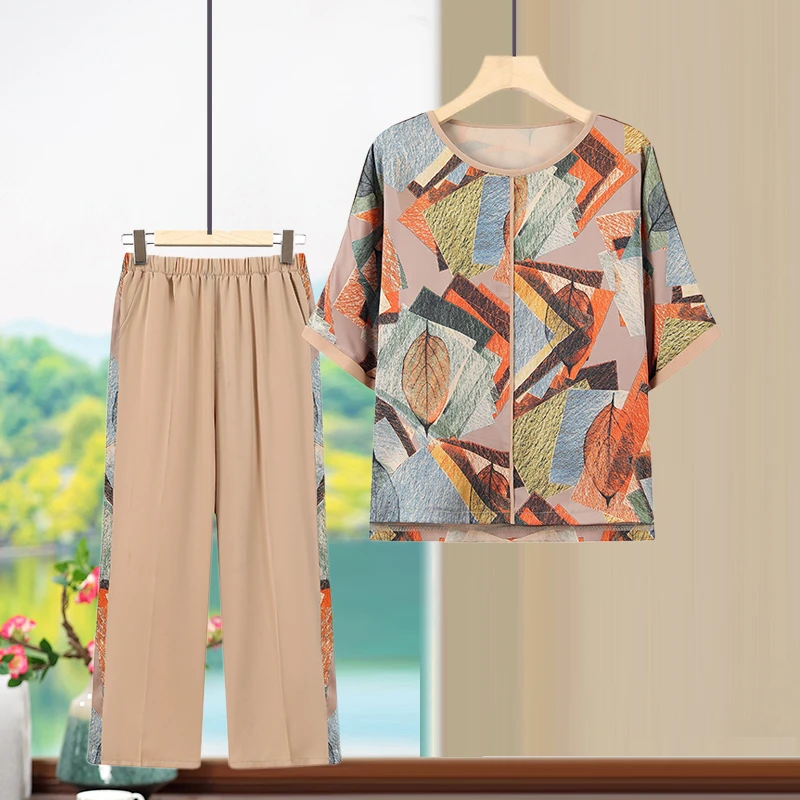 妈妈夏装中袖上衣服套装薄款新款中老年女人夏天洋气T恤两件大码