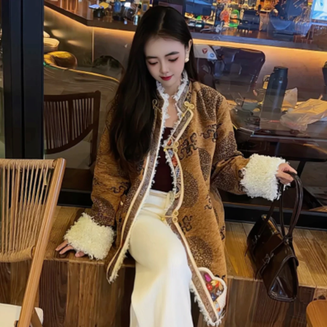 【古铜色】民族风藏式外套女加厚保暖时尚立领中长款显瘦