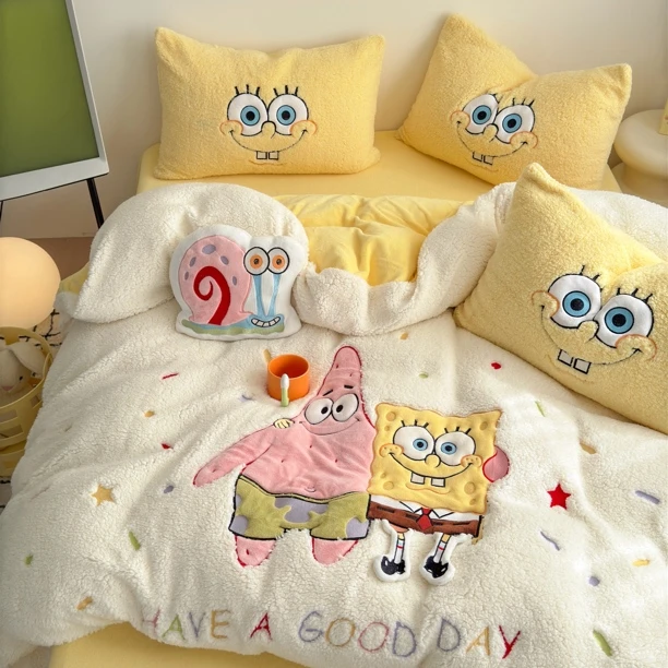芊禾梦 海绵宝宝 加厚保暖牛奶绒羊羔绒四件套三件套卡通可爱风