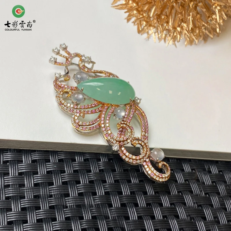 Colourful Yunnan/七彩云南18K金镶嵌冰种绿色翡翠吊坠