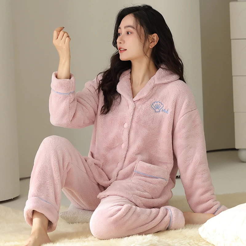 冬季睡衣女士加绒加厚珊瑚绒法兰绒冬天冬季厚款女生简约家居服
