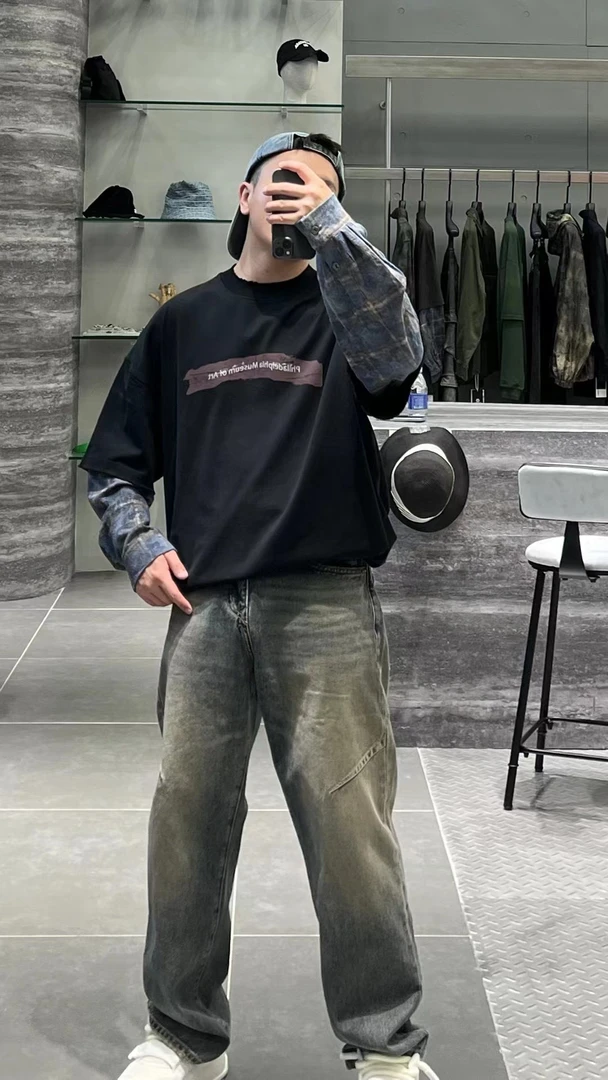 长袖T恤美式印花休闲个性复古宽松做旧破洞秋季圆领百搭街头嘻哈