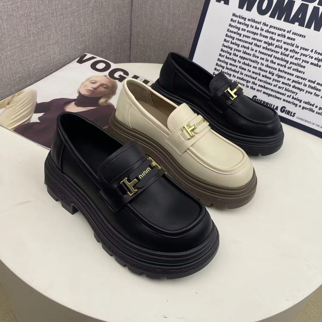 乐福鞋女2023新款春秋厚底复古一脚蹬小皮鞋英伦风黑色制服jk单鞋