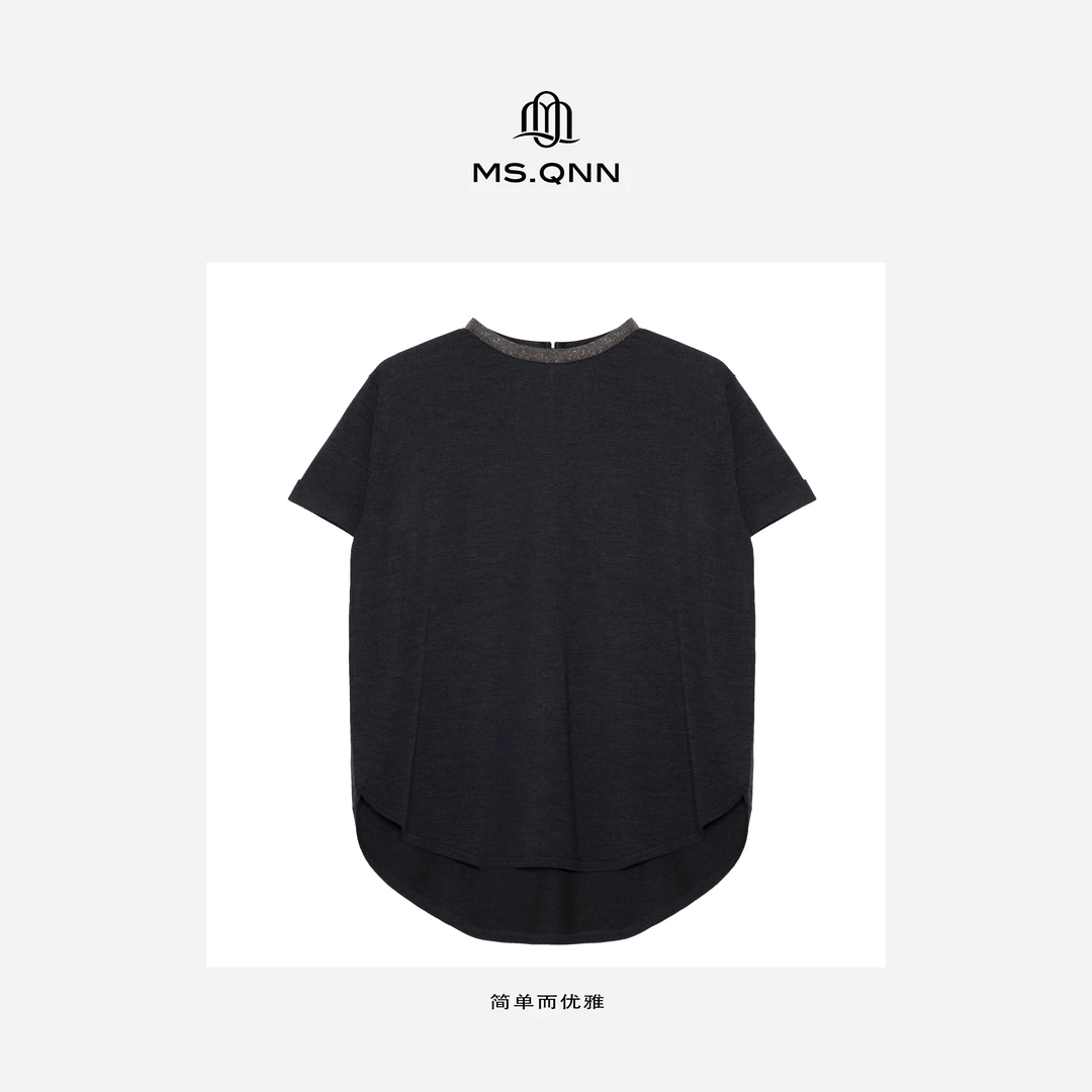 Ms.Qnn“收藏家”新款真丝羊毛圆领珠链短袖针织衫 36T421 Q姐