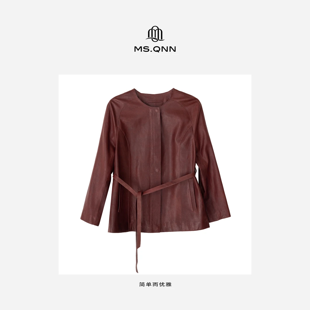 Ms.Qnn“微醺”气质简约宽松圆领百搭时尚绵羊皮女士皮衣外套36C267