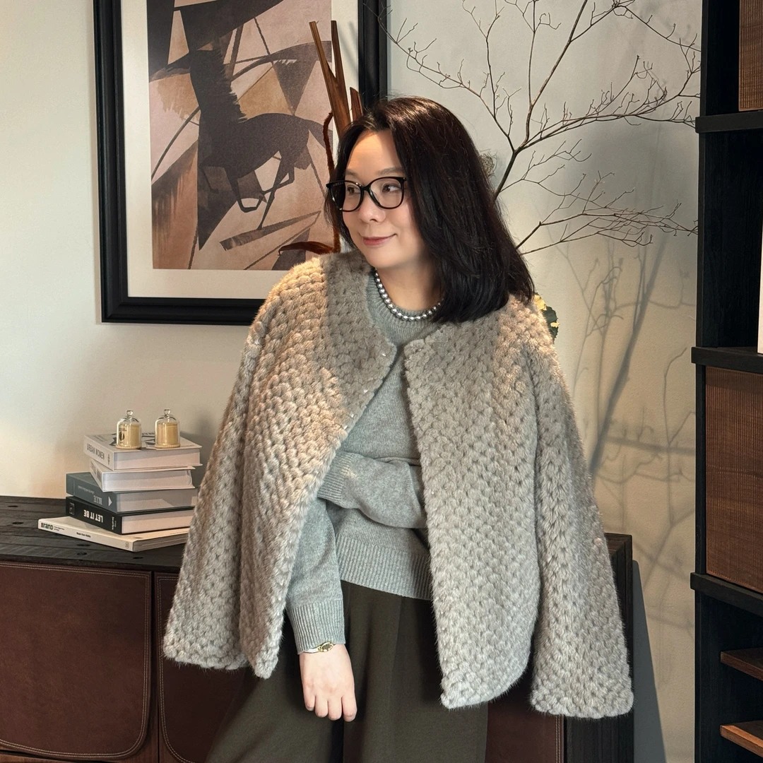 Ms.Qnn“奢触碰”蓬蓬触感开门襟水貂 开衫外套  82C617 Q姐