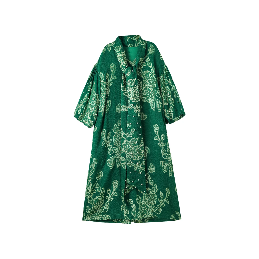 240035-气质连衣裙新款国风重工印花钉珠优雅温柔风刺绣连衣裙