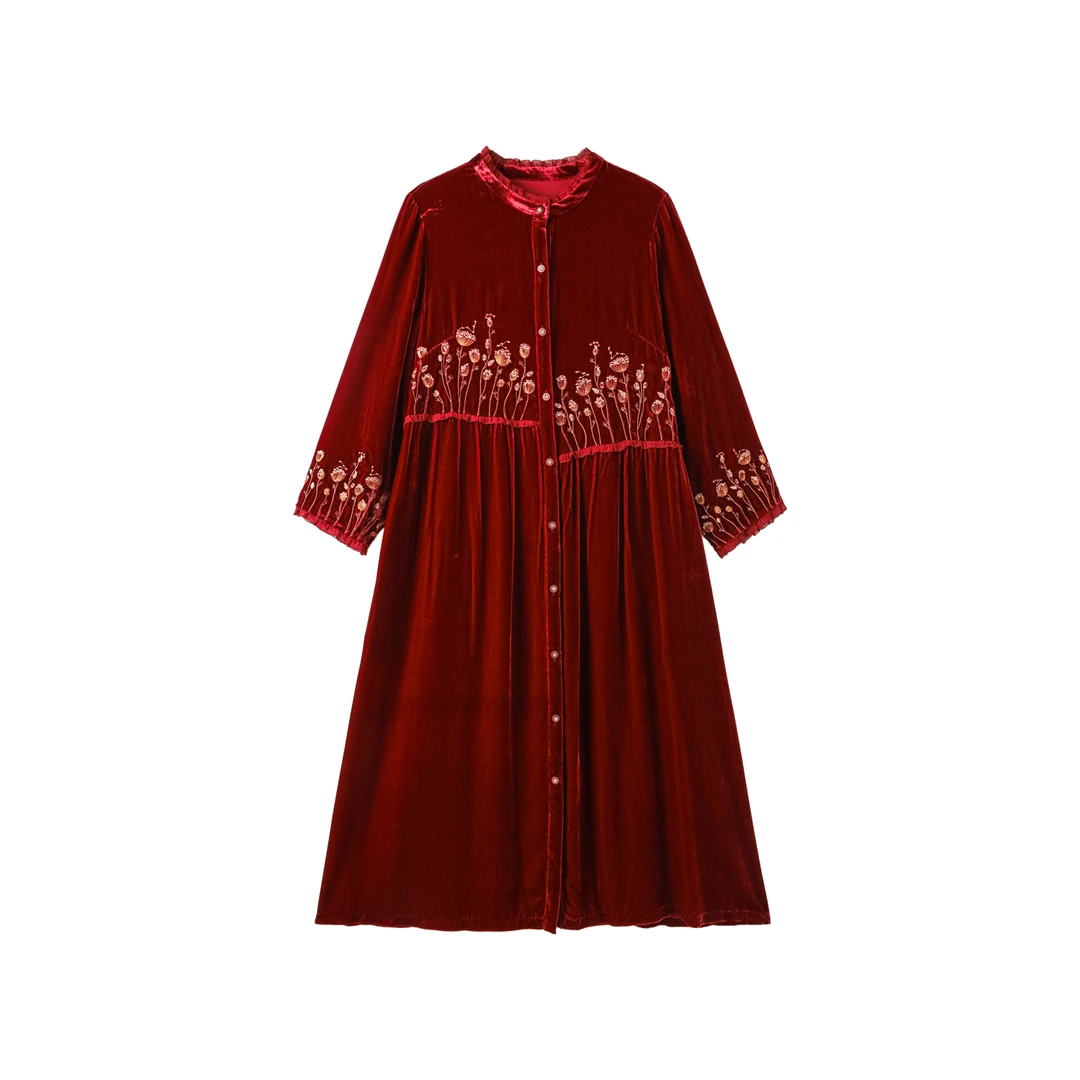 237008-古风印花优雅气质丝绒连衣裙轻奢时尚显瘦中长裙女