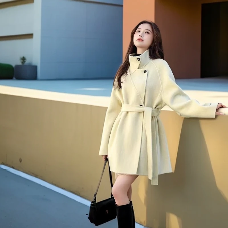 高端双面羊毛大衣女秋冬季韩版宽松立领外套89353
