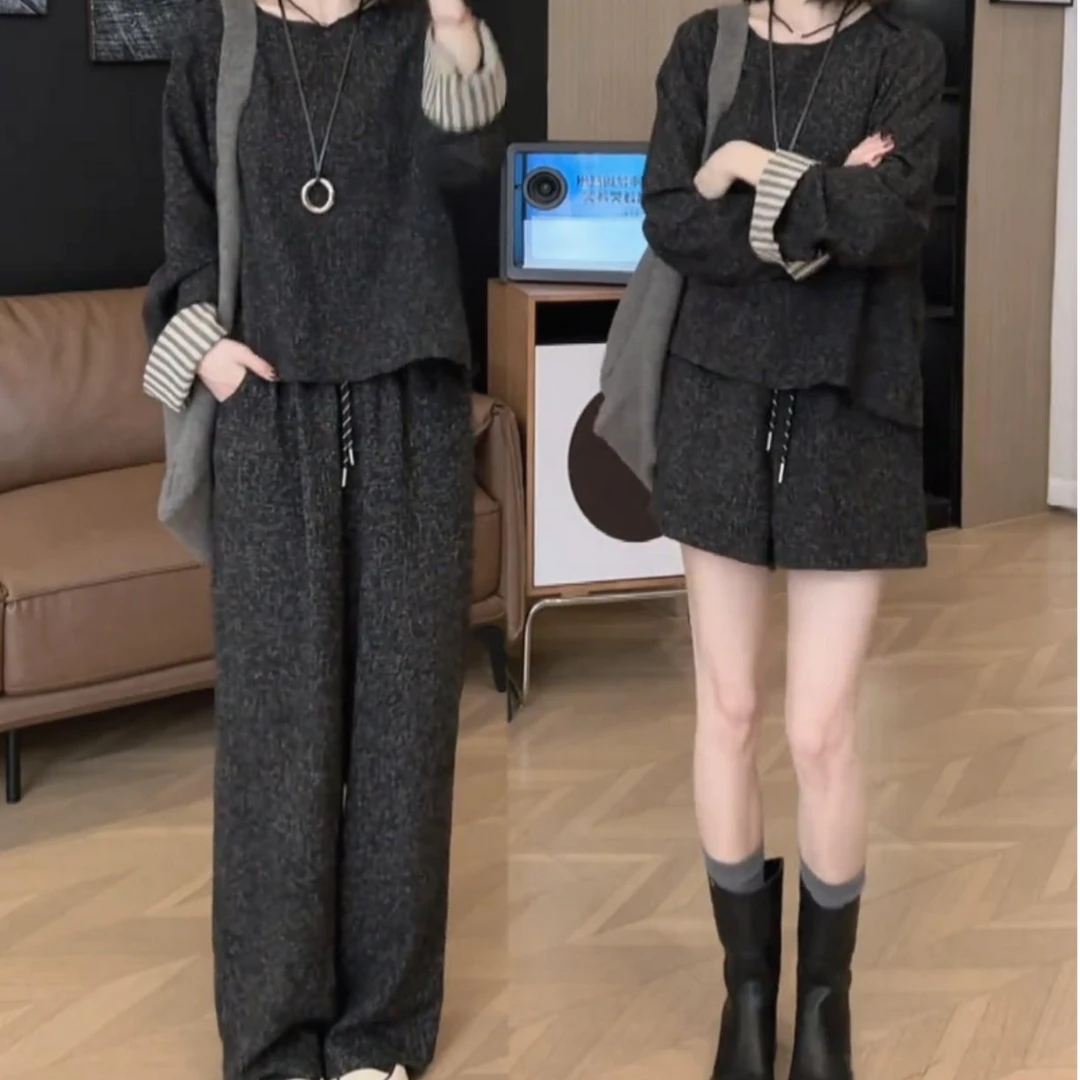 一整套早春穿搭2025女装圆领上衣阔腿裤两件套小香风休闲时尚套装