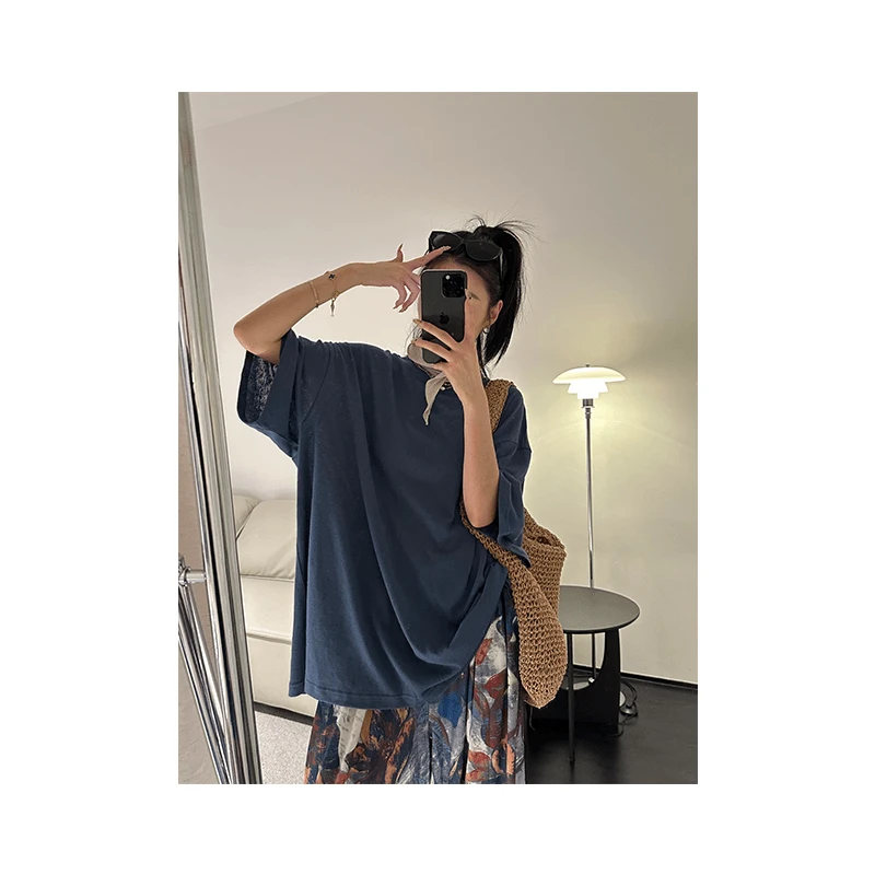 港岛庙街 纯色雪花麻大版慵懒风半袖T恤休闲夏季小众外穿百搭