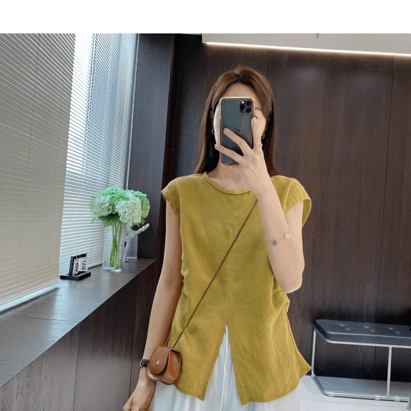 自制 亚麻衬衫气质开叉小衫女夏季圆领褶皱上衣显瘦休闲时尚简约