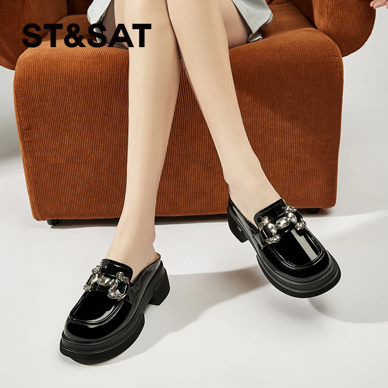 St&Sat/星期六厚底漆皮半拖2024夏季新款时尚百搭圆头粗跟乐福鞋