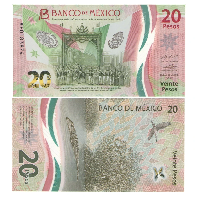 墨西哥20比索 塑料钞年份随机独立二百年纪念钞美洲外国钱币全新