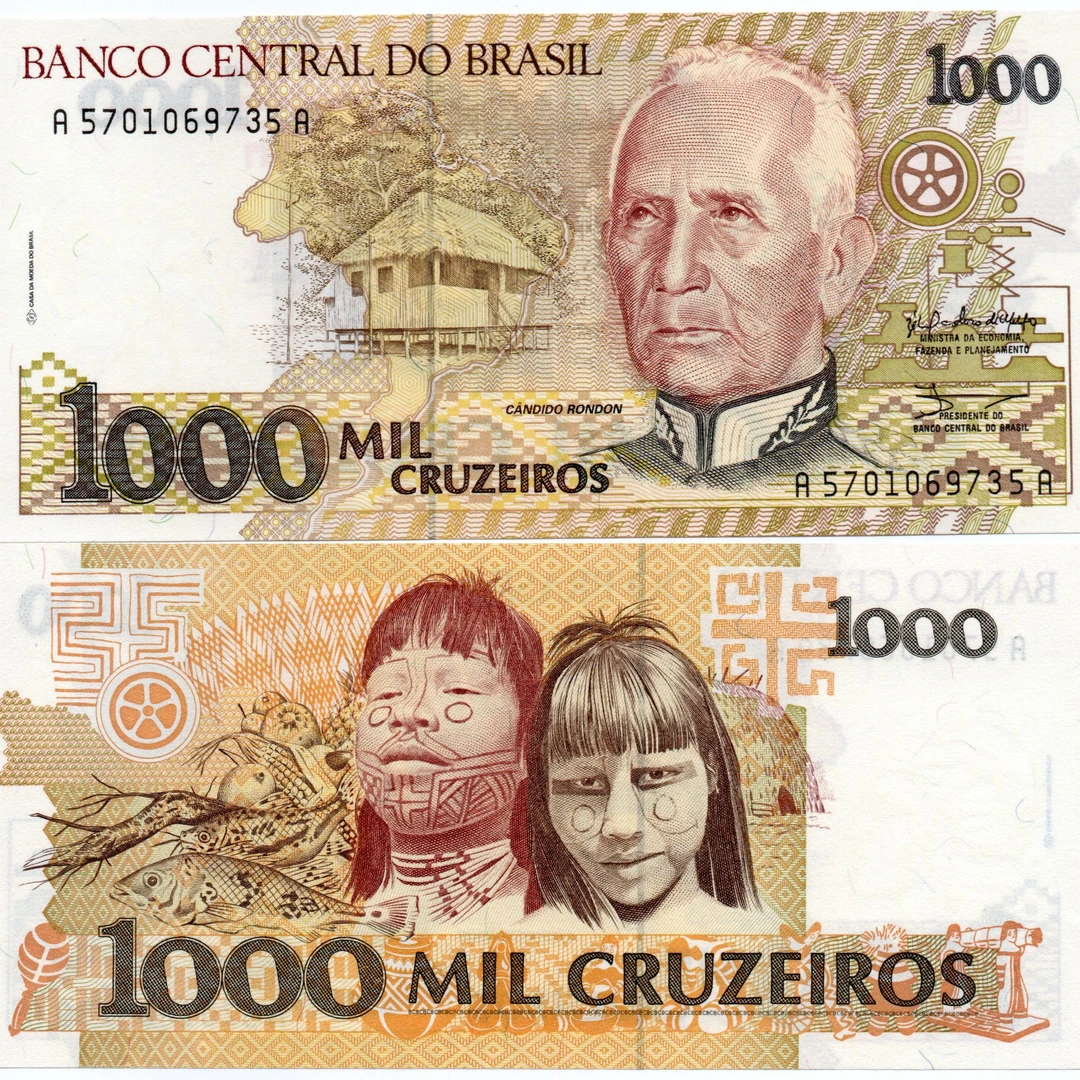 巴西1000克鲁塞罗纸币 1990-91年 美洲外国钱币全新UNC P-231