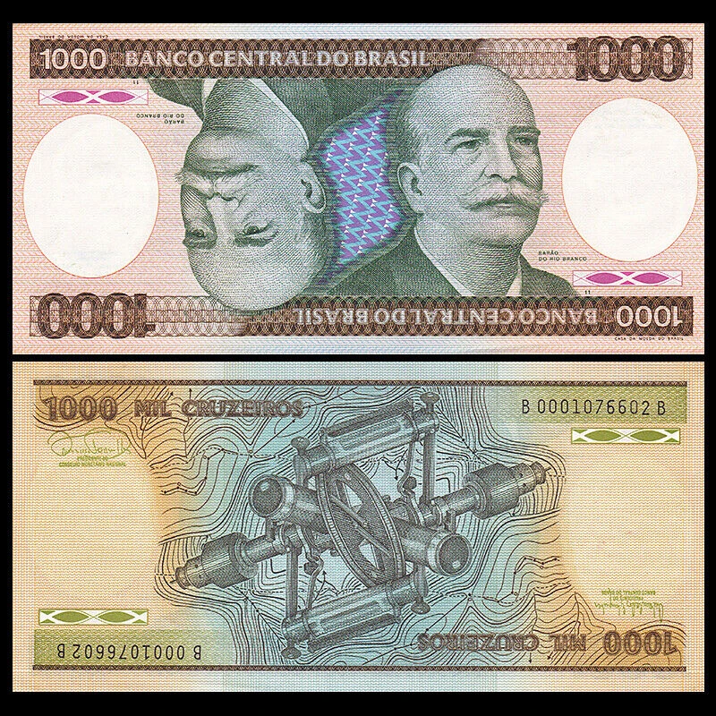 巴西1000克鲁塞罗纸币1981-85年倒置图像 美洲外国钱币全新