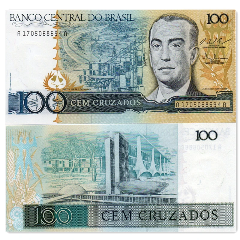 美洲 巴西100克鲁塞罗纸币 1987年版 外国钱币 全新