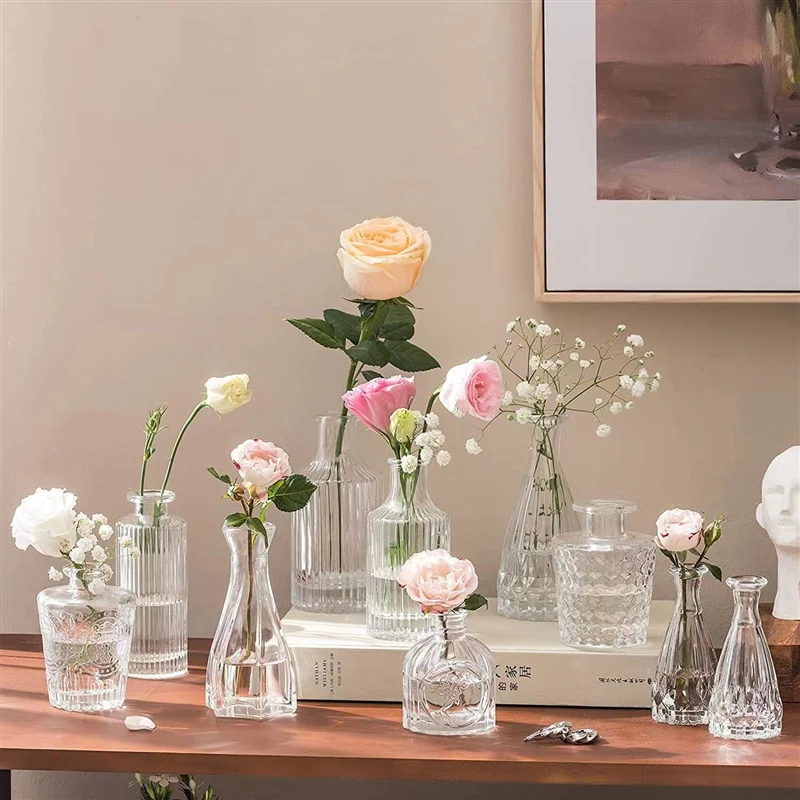 清新简约小口花瓶玻璃花瓶复古温馨养花瓶客厅家居办公装饰摆件