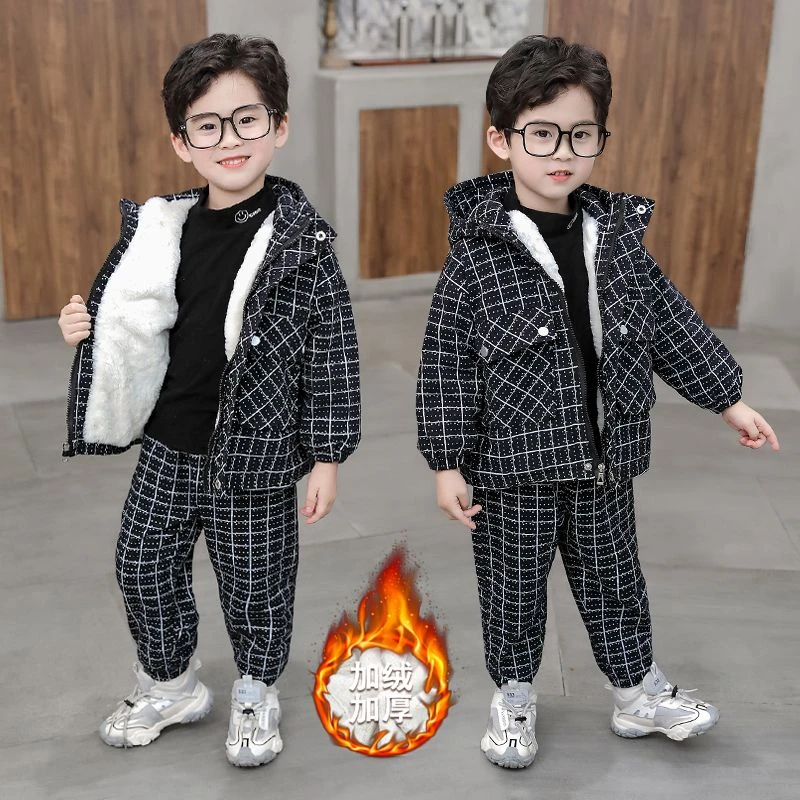 男童格子加绒两件套2023冬季新款韩版帅气儿童冬装宝宝加厚套装潮