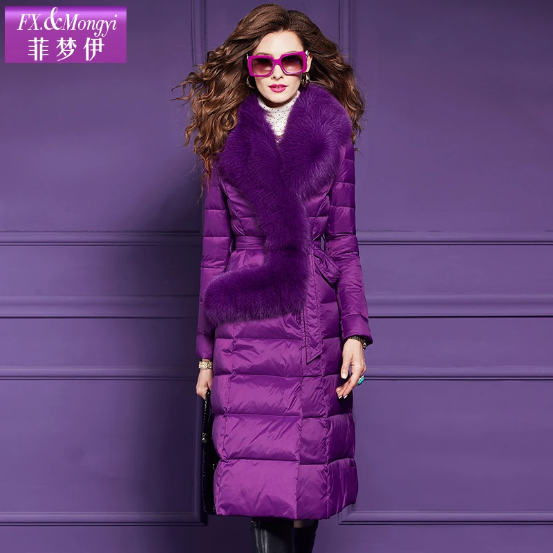 菲梦伊新款90白鸭绒羽绒服时尚狐狸毛领加厚中长款外套59825