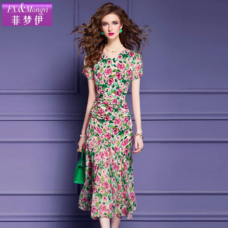 菲梦伊法式复古碎花桔梗茶歇式夏季新款显瘦气质连衣裙50794