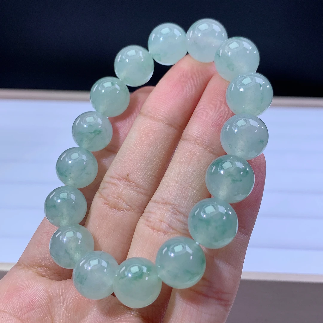 嘉运翡翠4.4-22缅甸天然翡翠A货冰种飘花手串卡12.8mm16颗