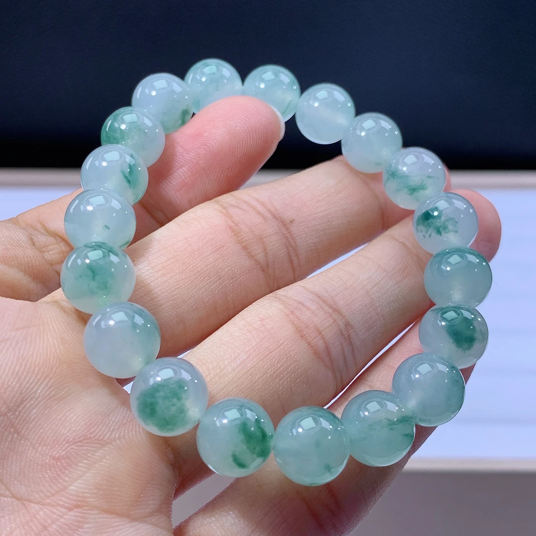 嘉运翡翠4.7-19缅甸天然翡翠A货冰种冰飘花手串卡10mm19颗