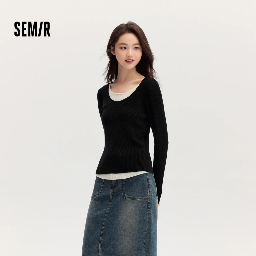 森马毛衣女拼色假两件毛衫修身百搭秋新款拼接圆领套头衫显瘦打底