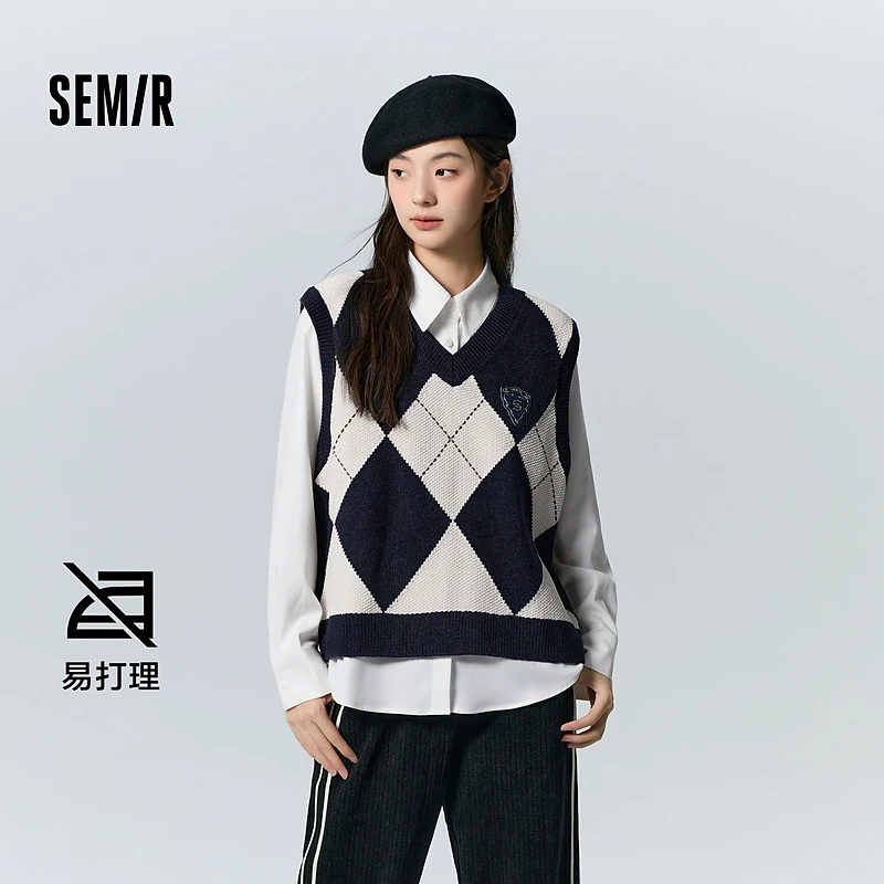 【易打理】森马长袖衬衫女菱形格短背心纯色衬衣冬宽松两件套学院