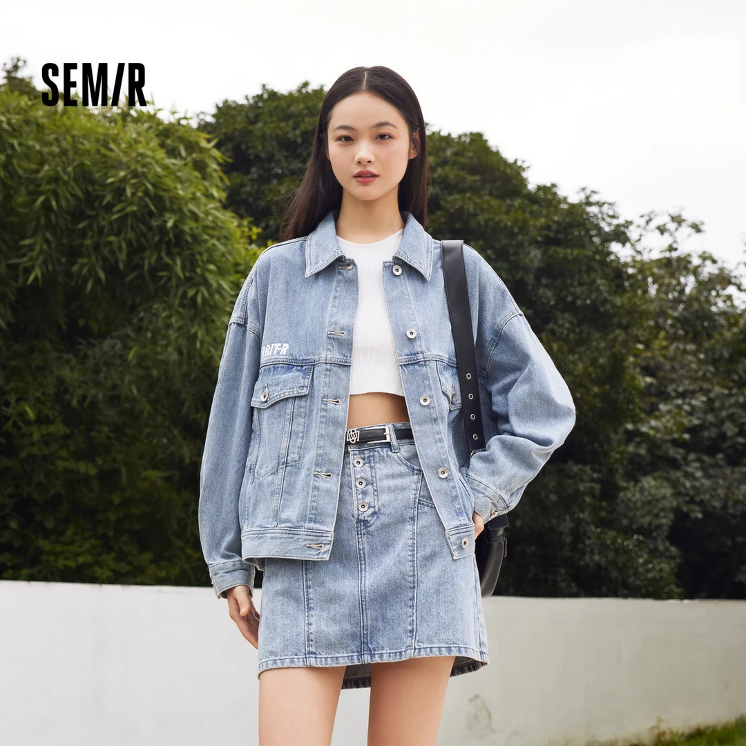 森马牛仔外套女撞色翻领印花夹克小众休闲秋潮流个性宽松衣服炸街