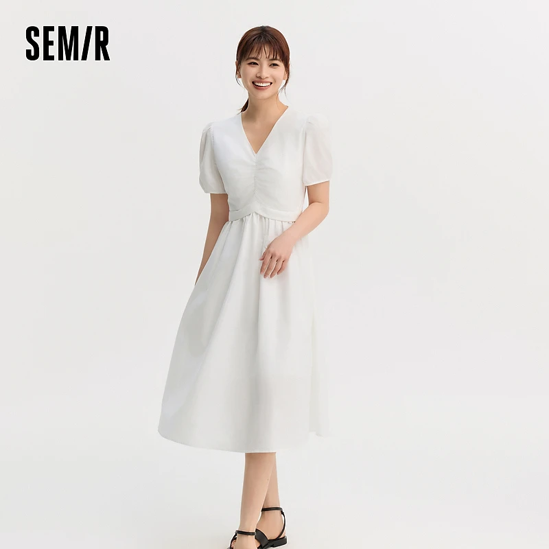 森马连衣裙女V领显瘦纯色气质小清新百搭夏甜美泡泡袖中长裙时尚