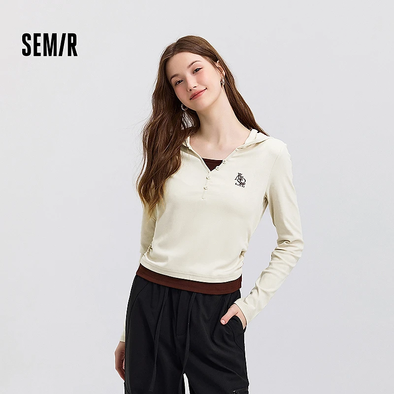 森马长袖T恤女短款连帽刺绣复古气质春假两件修身上衣小心机显瘦