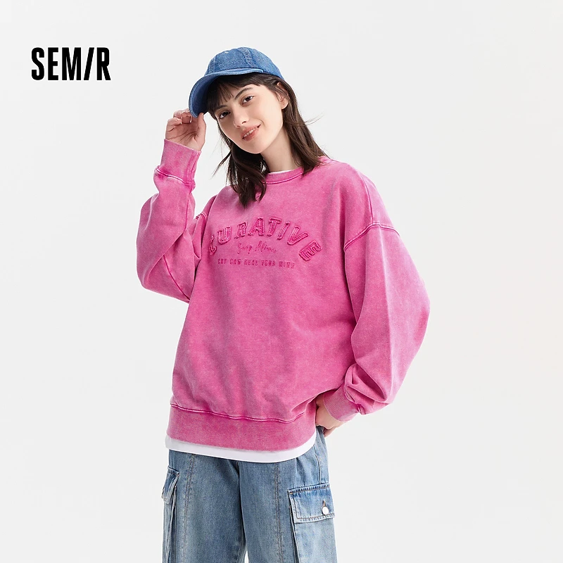 森马卫衣女中长款字母做旧街头复古春季个性慵懒oversize上衣潮流