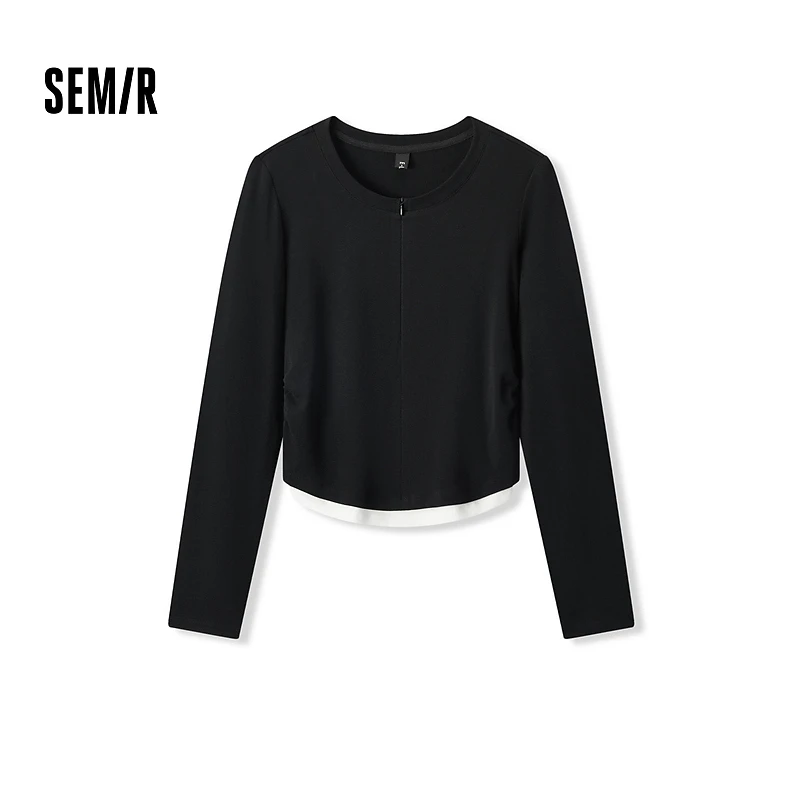 【商场同款】森马长袖T恤女短款撞色假两件秋季新款修身纯色上衣