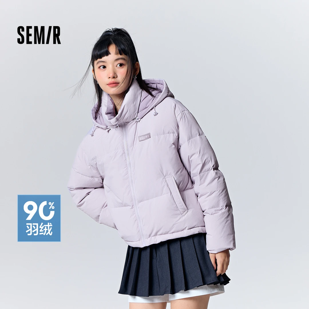 森马羽绒服女拼色连帽复古冬季新款时尚简约热力羽绒短款羽绒服