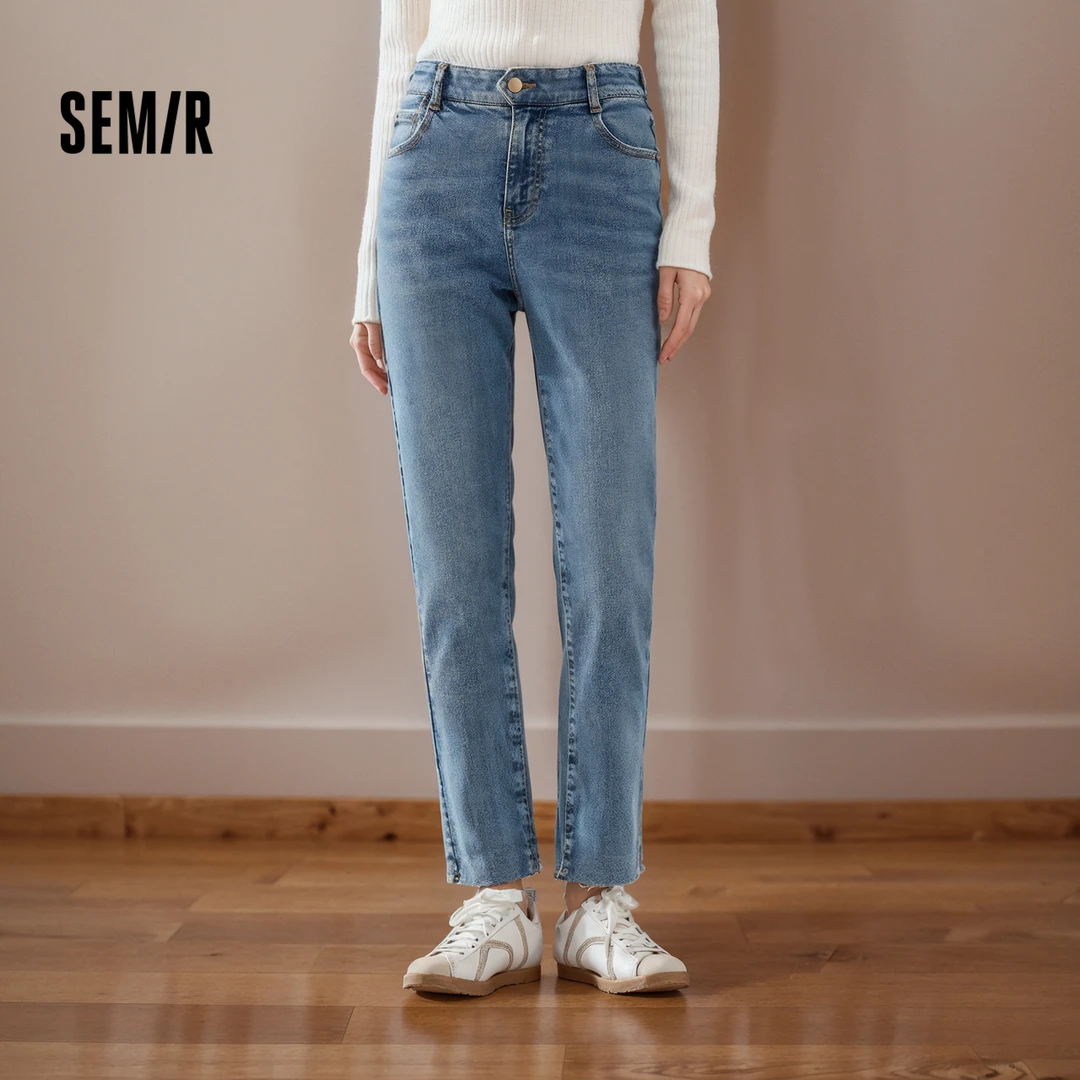 【森柔牛仔】森马牛仔裤女百搭小直筒裤简约秋季毛边九分裤显腿长