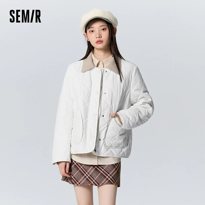 【商场同款】森马棉服女灯芯绒翻领薄款冬装宽松菱格外套