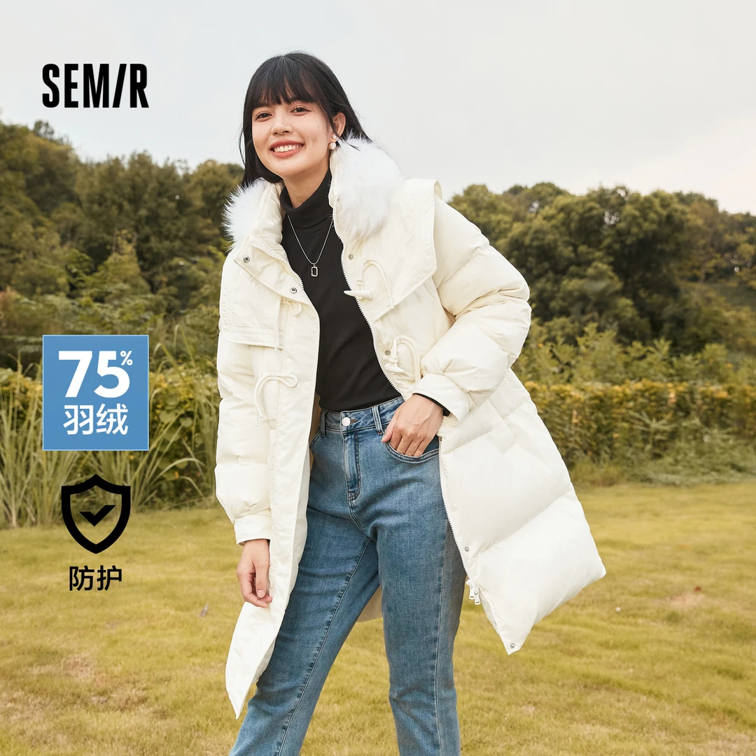 三防|森马女羽绒服冬季长款毛领保暖优雅牛角扣中长款宽松