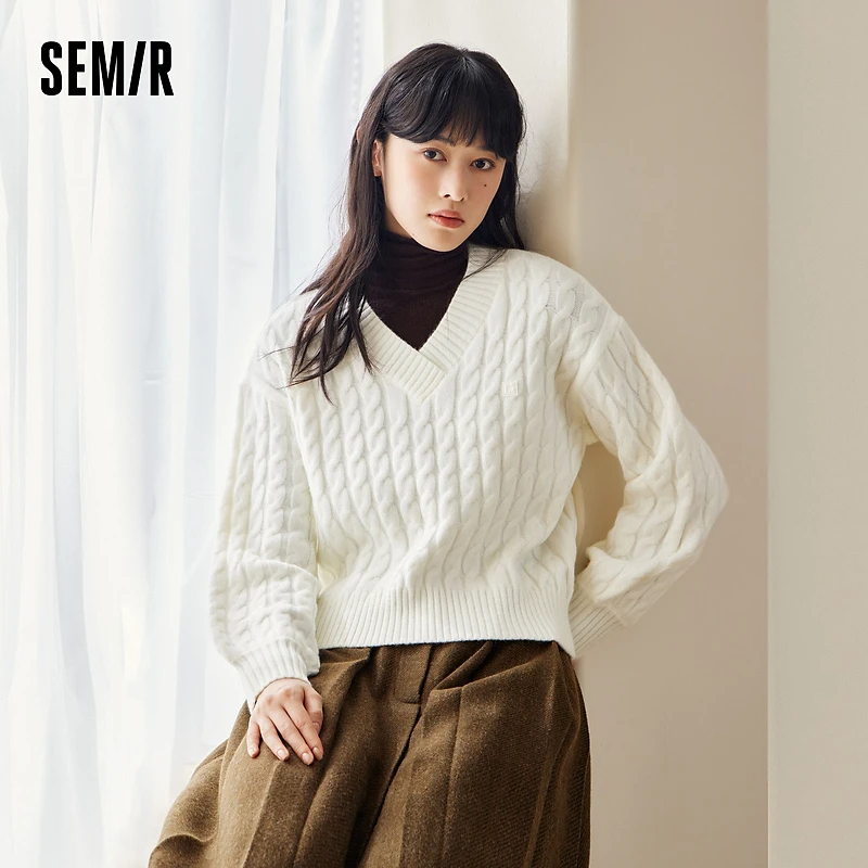 【商场同款】森马x超级植物毛衣女短款V领冬新款宽松绞花毛衫