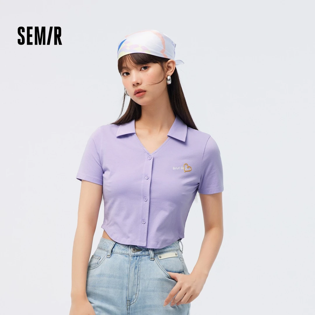 森马POLO衫女短款开衫bm风夏季新款刺绣紧身打底衫甜酷小个子