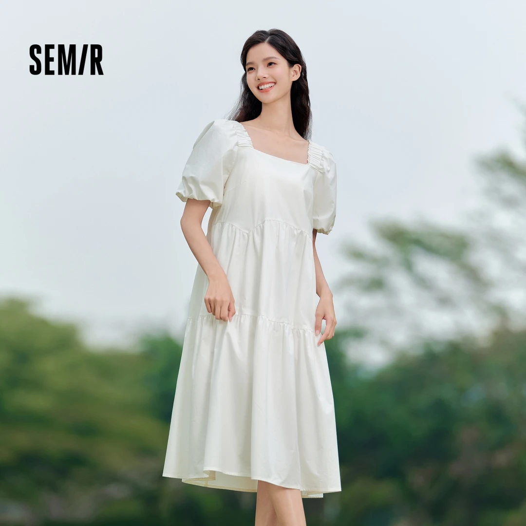 森马连衣裙女方领裙子夏季新款泡泡袖法式娃娃裙千金气质长裙出游